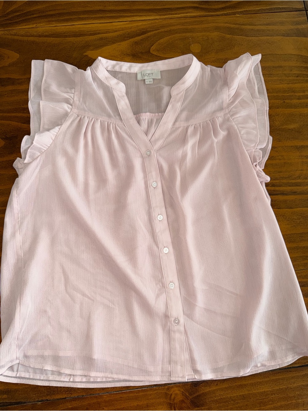 LOFT Medium Light Pink Ruffle Sleeve Button-Front Blouse